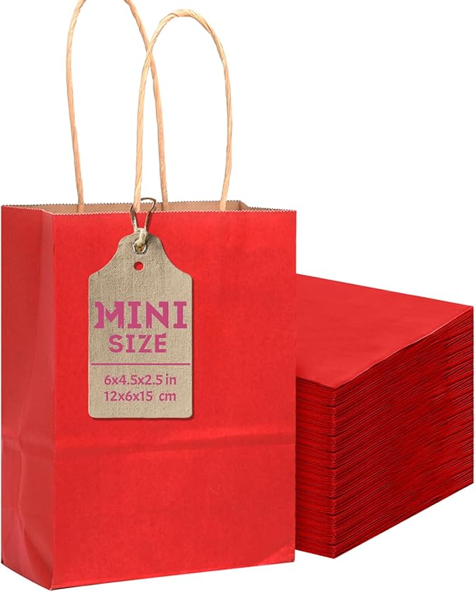 qiqee 24 Pcs Wine Mini Paper Gift Bags with Handles 6"x4.5"x2.5" Small Brown Kraft Party Favor Treat Bags Multiple Uses (Mini size)