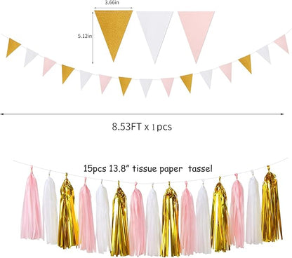 Pink-White Gold Girl Birthday Party-Decorations - 23pcs Kits Tissue Paper Pom Poms Streamers,Princess Banner Flags,Bachelorette Baby Bridal Shower Engagement Decoration Tassel Garland Lasting Surprise