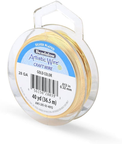 Artistic Wire, 28 Gauge Silver Plated Tarnish Resistant Colored Copper Craft Wire, Gold Color, 40 yd