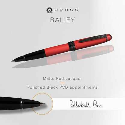 Cross Bailey Refillable Rollerball Pen Presented in a Premium Gift Box - Medium Point, Black Ink, Matte Red