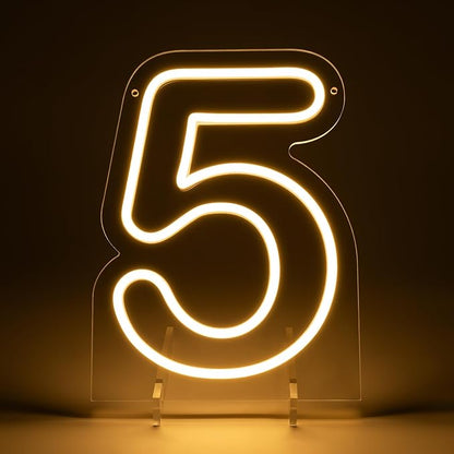 Number 5 LED Neon Sign Backdrop Birthday Party Decoration, 11.3" Height Warm White Marquee Number Five Light Up Sign for Wedding Anniversary Window Wall Table, Indoor Battery Operated or USB
