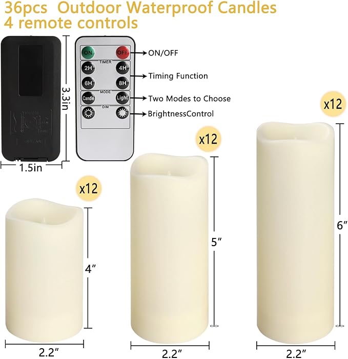 36 Pack Waterproof Flameless LED Candles - Outdoor Battery Operated Candles with Remote & Timer, Realistic Flickering Flame, Safe for Porch, Patio, Weddings, Parties & Home Decor