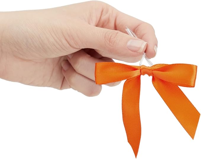 Bright Creations 100 Pack Orange Twist Tie Bows for Treat Bags - 3" Small Satin Ribbons Orange Twist Ties for Craft Decoration, Gift Wrap, Themed Party Favors, Baked Goods