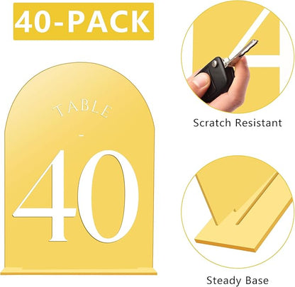 JOYIT Arch Wedding Table Numbers 1-40 with Stands – 5" X 7" Acrylic Mirrored Gold Table Number Holders, Perfect for Wedding Receptions, Parties, Anniversaries, and Events