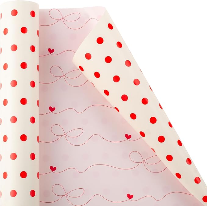 Flyhill Polka Dot Wrapping Paper,Reversible Pink Beige Elegant Heart & Bow Gift Wrap Suitable for Birthday,Girls,Baby Shower,Wedding (17 Inch X 32.8 Feet)