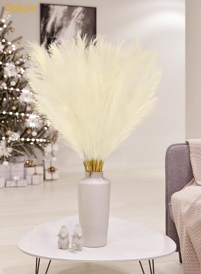 35" Faux Pampas Grass Decor, 8pcs Large Tall Fluffy Artificial Pompous Grass Branches Floral Fake Pompas Grass Bulrush Floor Vase Filler Flower Arrangement for Home Wedding Boho Decor Beige
