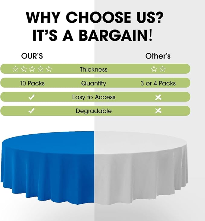 Pureegg Plastic Table Cloth Disposable 10 Pack, 84'' Round Table Cloths, Graduation, Patriotic Decorations, Thanksgiving, Veterans Day Tablecloths, Round, Plastic Cover, Leakproof & Sturdy, Blue