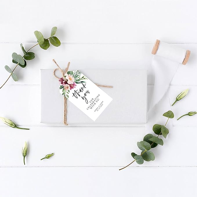 Andaz Press 100-Pack Personalized Thank You for Celebrating with Us Wedding Favor Tags with Bakers Twine Spring Watercolor Florals Custom Cardstock Wedding Gift Tags for Party Favors 2 x 3.75-Inches