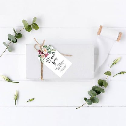 Andaz Press 100-Pack Personalized Thank You for Celebrating with Us Wedding Favor Tags with Bakers Twine Spring Watercolor Florals Custom Cardstock Wedding Gift Tags for Party Favors 2 x 3.75-Inches