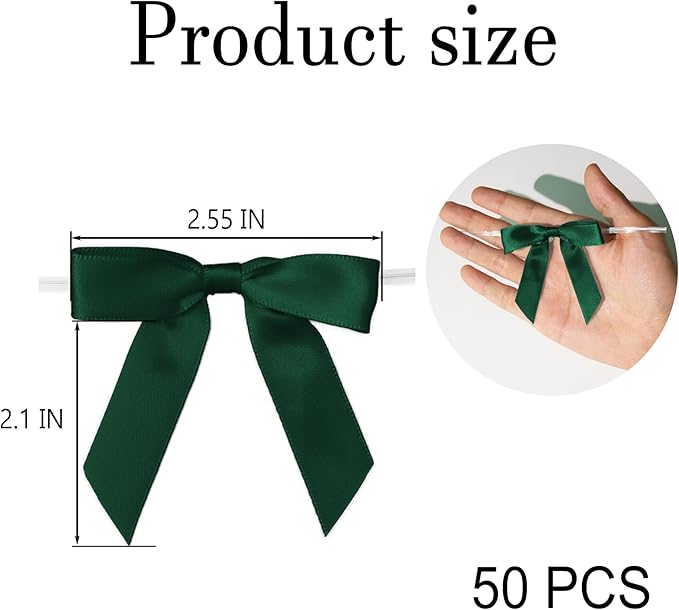 50Pcs Hunter Green Twist Tie Bows for Gift Wrapping 2.5" Satin Ribbon Bow for Treat Bags Cake Balloons Birthday Party Favors Wedding Decorations
