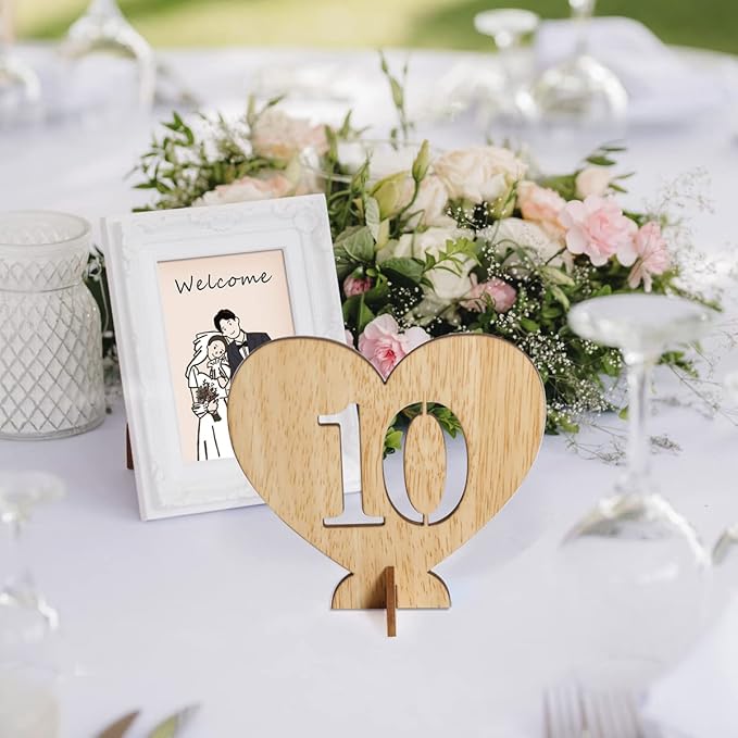 Heart Shape Wooden Table Numbers 1-20 With Holder Base - Rustic Hollow Out Wood Cards for Wedding, Party, Event Decoration