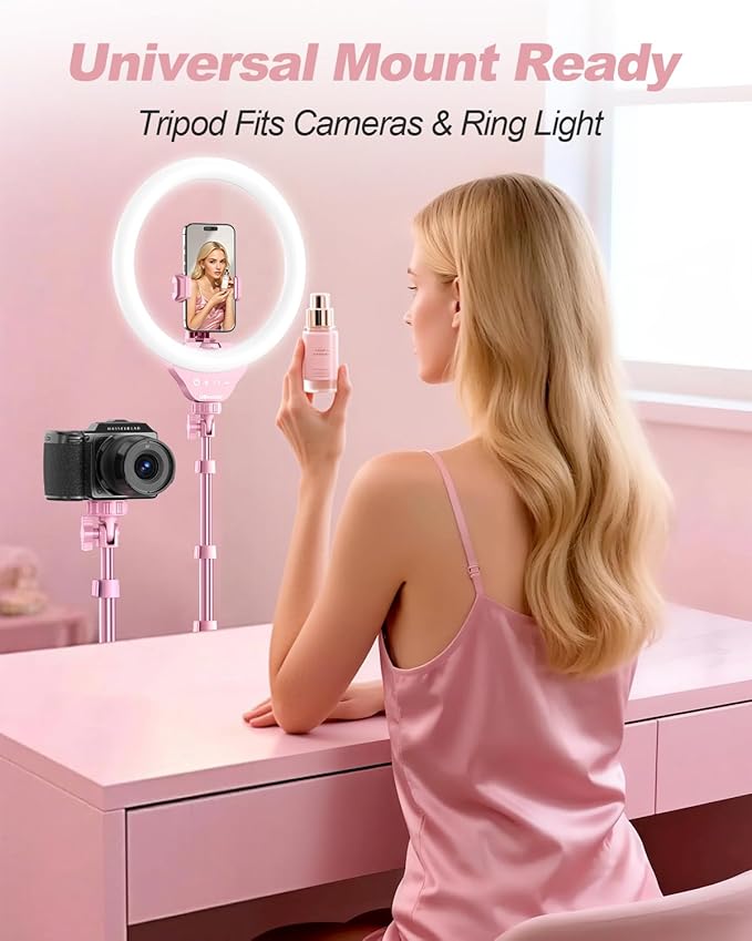 UBeesize 12'' Selfie Ring Light with 62’’ Tripod Stand for Video Recording, Live Streaming(YouTube, Instagram, TIK Tok), Compatible with Phones, Cameras and Webcams Pink