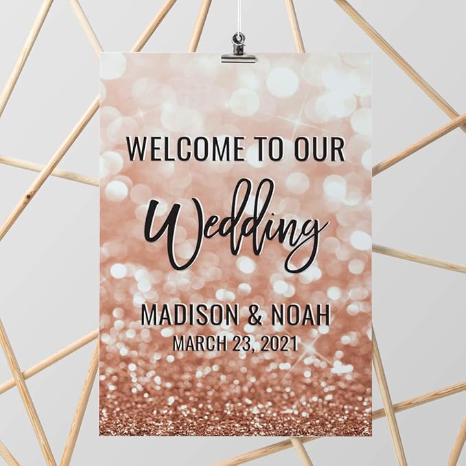 Andaz Press Personalized Extra Large Wedding Easel Board Party Sign, 12x18-inch, Glitzy Faux Rose Gold Glitter, Welcome to Our Wedding Bride Groom Name Date, 1-Pack, Custom