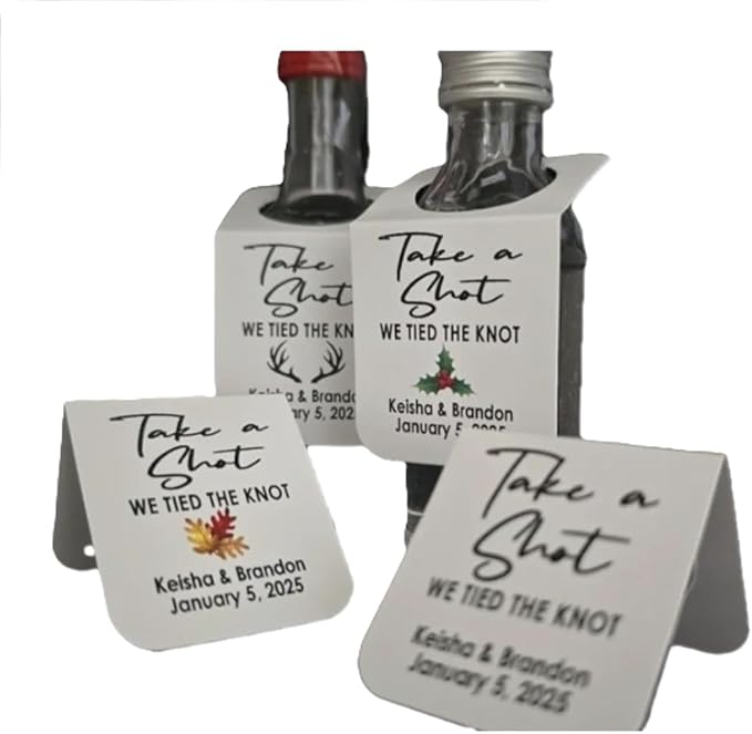 Take a Shot We Tied (or are Tying) The Knot (Rectangle Tags) 1.5" x 3" with Hanging Hole, Set of 25 Tags Personalize with Names,