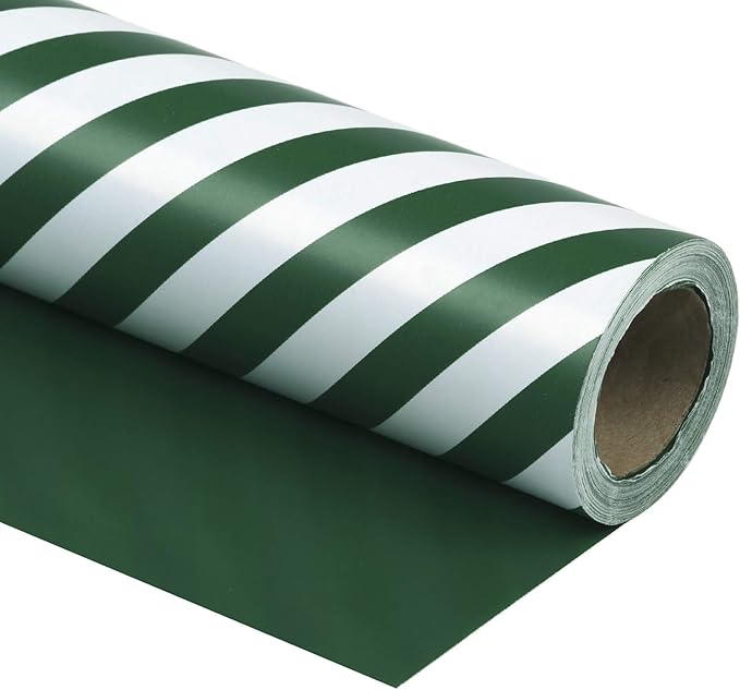 WRAPAHOLIC Reversible Wrapping Paper - Mini Roll - 17 Inch x 33 Feet - Dark Green and Stripes Design for Christmas, Birthday, Holiday, Wedding, Baby Shower