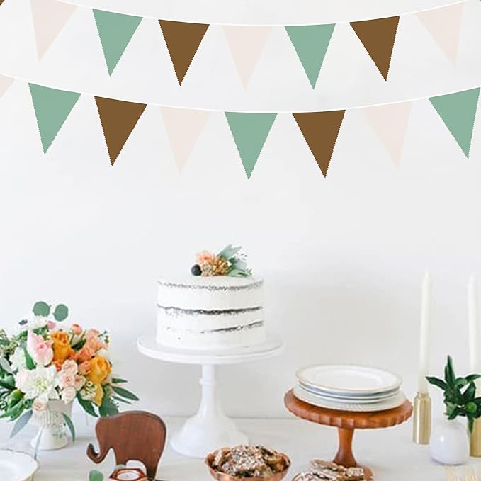 32Ft Sage Green Brown Party Decorations Retro Colored Triangle Flag Fabric Banner Pennant Bunting Garland Streamers for Birthday Wedding Baby Shower Jungle Safari Summer Christmas Outdoor Party Decor