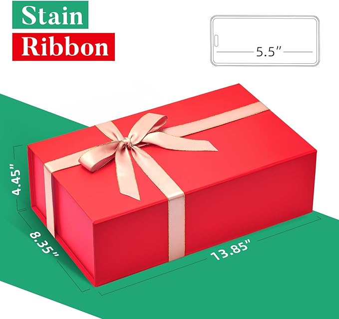 LIFELUM Red Gift Box 13.85 x 8.35 x 4.45 inch Large Gift Boxes with Magnetic Closure Luxury for Gifts Box Contains Card, Ribbon, Shredded Paper Filler Wedding, Christmas, Halloween, Birthday