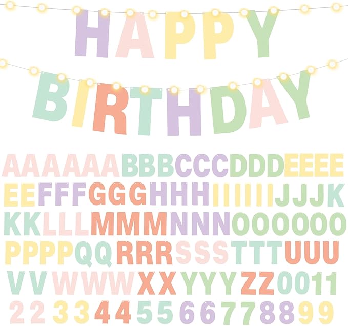 TaoBary 112 Pcs DIY Letter Kit Glitter Customizable Banner Letters Include 107 Letters and Numbers 3 Rope and 2 Needles for Birthday Halloween Christmas Wedding Valentine Party Decor(Macaron Color)