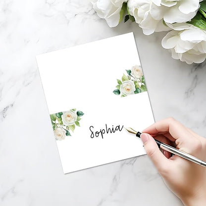 25 Pack White Flower Place Cards, Editable Name Cards for Table Setting, Tent Cards Food Label for Dinner Party, Bridal Shower, Wedding, Baby Shower and Events -T09