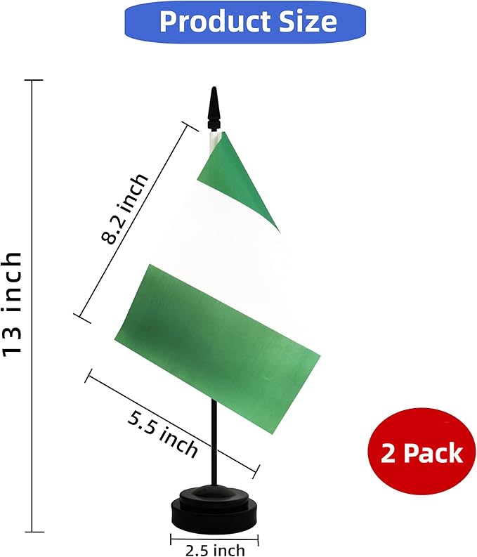 2 Pack Nigeria Desk Flag, Nigerian Table Office Flag with Solid Pole and Stand Base, International Country Flag, Festival Celebration, Classroom Meeting Desktop Decoration (Nigeria)