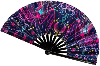 Kandies World UV Reactive Custom Festival Folding Hand Fan - Unique Designs, Made of Bamboo, Clacking Sound, Lightweight - Perfect Rave and Festival Accessory!