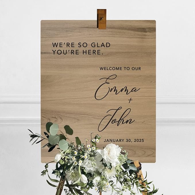 Andaz Press Large Wooden Welcome Sign for Wedding Rustic Welcome Sign 16" x 20" Custom Names So Glad You're Here Wedding Signage English Oak MDF Wood Finish Wedding Reception Indoor Outdoor Signs