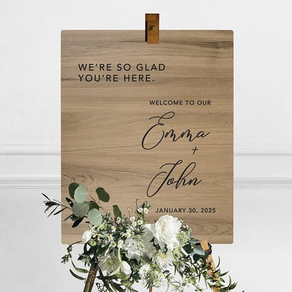 Andaz Press Large Wooden Welcome Sign for Wedding Rustic Welcome Sign 16" x 20" Custom Names So Glad You're Here Wedding Signage English Oak MDF Wood Finish Wedding Reception Indoor Outdoor Signs