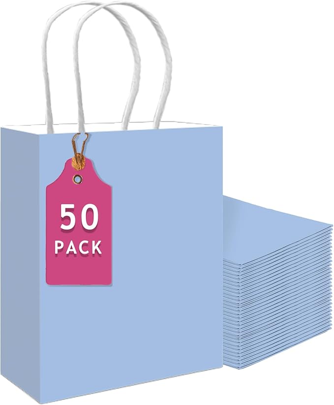 qiqee 50-Packs Light Blue Paper Gift Bags with Handles Bulk 13"x10.3"x4.6" Large Size Party Favor Bags Multiple Uses
