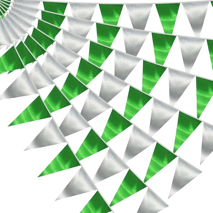 20M/65FT Green Silver Triangle Pennant Banner Flag Metallic Fabric Bunting Garland for Christmas Graduation Wedding Engagement Anniversary Bachelorette Birthday Bridal Shower Hen Party Supplies