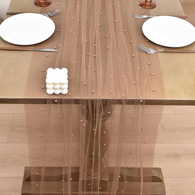 Joanlody Fall Pearl Table Runner 10ft Rustic Boho Tulle Table Runner with Pearls for Baby Shower Wedding Party Veil Dessert Thanksgiving Table Decor Coffee