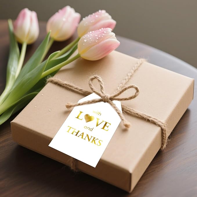 joycraft 50PCS Gold Foil Thank You Tags with String – White Gift Wrapping Hangtags, Paper Hang Tags for Wedding, Baby Shower, for Guests, Favor Hangtags