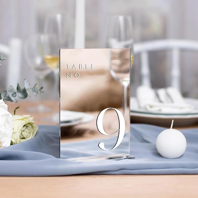 JINMURY Sliver Wedding Table Numbers 1-10 with Stands, 5"x7" Sliver Mirror Acrylic Table Numbers for Wedding Reception(Sliver Mirror White Font, Number 1-10, 5"x7")