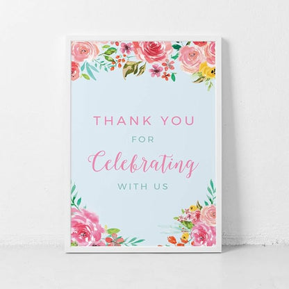 Andaz Press Extra Large Wedding Easel Board Party Sign, 12x18-inch, Tea Party Pink Roses on Baby Blue, Thank You for Celebrating With Us, 1-Pack