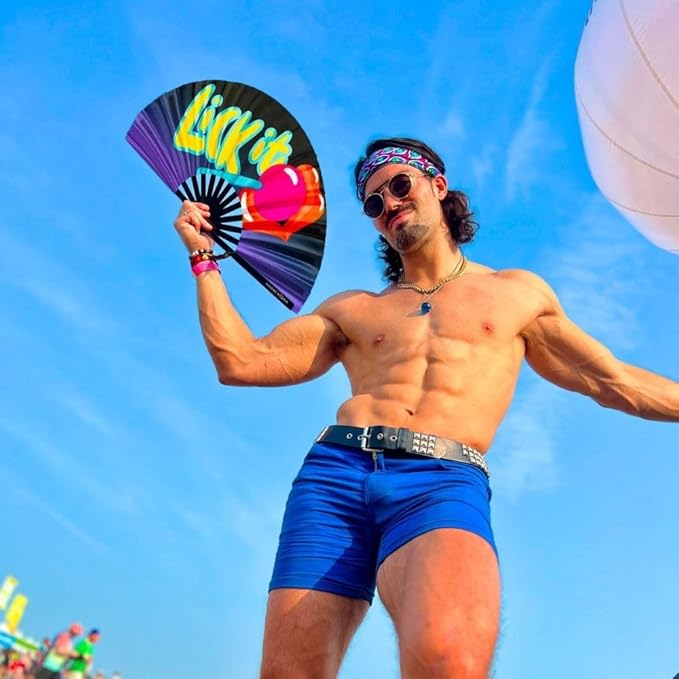 Kandies World UV Reactive Custom Festival Folding Hand Fan - Unique Designs, Made of Bamboo, Clacking Sound, Lightweight - Perfect Rave and Festival Accessory!