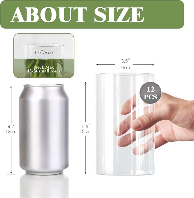 12Pcs Glass Cylinder vases for Centerpieces, 6 Inches Clear Bud Vases for Wedding Decorations,Floral Vase Bulk Flower vases,Tall Glass Hurricane Candle Holder for Table Shelf, Party.