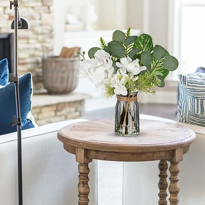 White Orchids Artificial Flowers with Vase Fake Flower in Vase Artificial Eucalyptus Stems in Glass Vases with Faux Water Faux Orchid with Evergreen Plant Arrangement for Dining Table Centerpiece