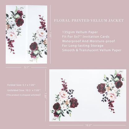 PONATIA 50 PCS Vellum Jackets for 5x7 Invitations- 135gsm Burgundy Floral Printed Vellum Sleeves, Quinceanera Wedding Invitation Cards Wraps