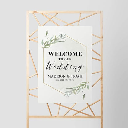 Andaz Press Personalized Extra Large Wedding Easel Board Party Sign, 12x18-inch, Modern Black, Gold with Green Leaves Florals, Welcome to Our Wedding Bride Groom Name Date, 1-Pack, Custom