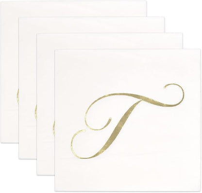 Gift Boutique 100 Gold Monogram Cocktail Napkins Letter T Disposable Paper Pack Elegant Metallic Golden Foil Hand Napkin for Powder Room Wedding Holiday Birthday Party Baby Shower Decorative Towels