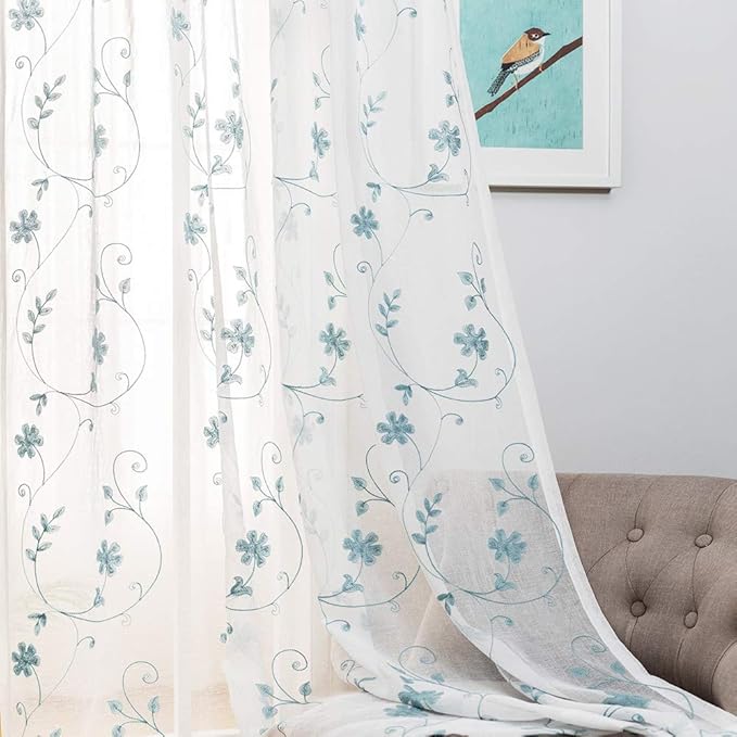 Floral Embroidery Sheer Curtains Blue 95 Inches Long, Window Treatments Rod Pocket Drapes for Living room, Bedroom, Semi Crinkle Voile Curtain Panels for Yard, Patio, Villa, Parlor, Set of 2, 52"x95".