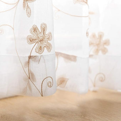 Floral Embroidery Sheer Curtains Beige 95 Inch Length, Rod Pocket Voile Drapes for Living Room, Bedroom, Window Treatments Semi Crinkle Curtain Panels for Yard, Patio, Villa, Set of 2, 52"x 95".