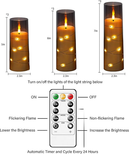 Flameless LED Candles with Timer 9 Pc Flickering Flameless Candles for Romantic Ambiance and Home Decoration Stable Acrylic Shell,with Embedded Star String，Battery Operated Candles（Grey）