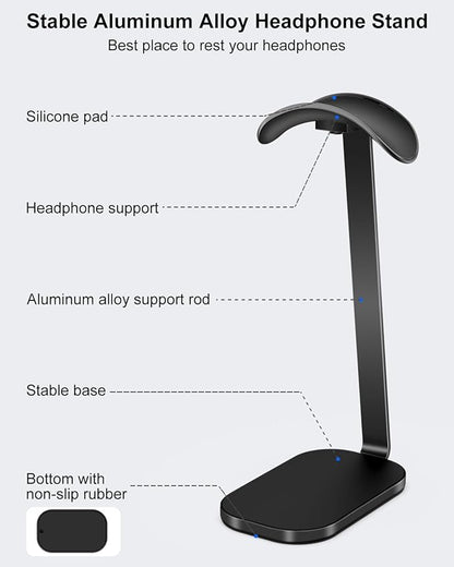 VICHYIE Headphone Stand for AirPods Max, Headset Holder with Aluminum Supporting Rod, Heavy Base Desk Stand Headphones Support Accessory for All Headphones - Black