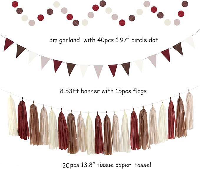 Brown Burgundy Champagne Dusty-Pink Party-Decorations - 33pcs Banner,Streamers Tassel Garland,Fall Boho Baby Shower,Wedding Tissue Pom Poms Honeycomb,Paper Lantern Fan,Birthday,Engagement Hugtmr
