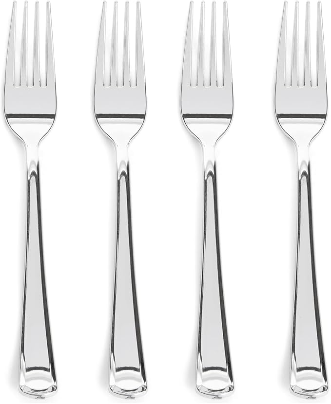 Prestee 100 Pack Silver Plastic Forks Heavy-Duty - Elegant Disposable Silverware Forks - Fancy Plastic Silver Cutlery Set - Heavyweight Utensils for Party, Holiday, and Events
