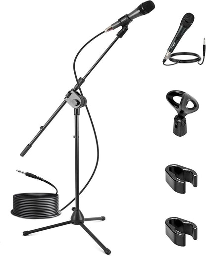 Pyle Dynamic Microphone and Tripod Stand-Height Adjustable from 2.6' to 5.1 Telescoping Boom Arm Mic Length 7.48'' Inch w/Acoustic Pop Filter-Includes 15' ft XLR Cable PMKSM20, Black