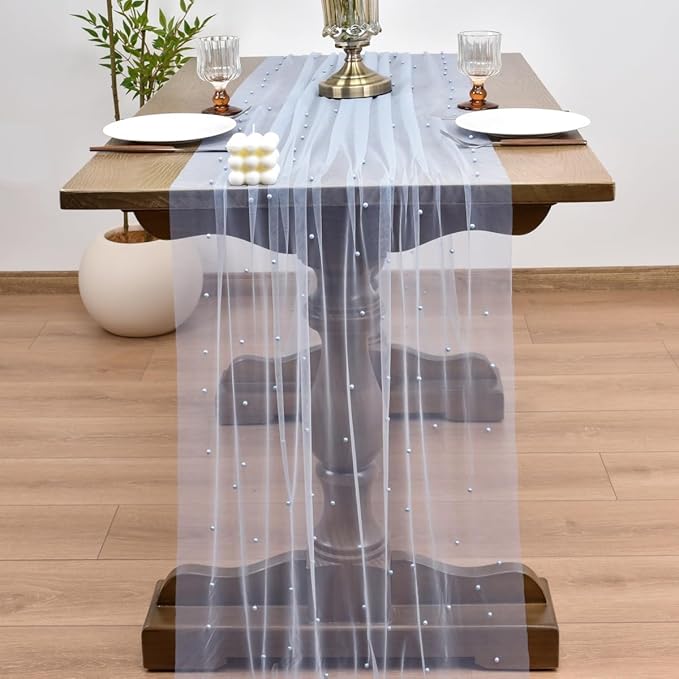 Joanlody Fall Pearl Table Runner 10ft Rustic Boho Tulle Table Runner with Pearls for Baby Shower Wedding Party Veil Dessert Thanksgiving Table Decor Blue 4pcs