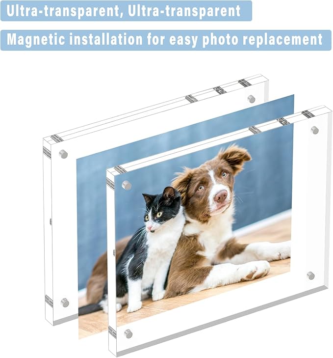 HELPLEX 3 Pack 5x5 Acrylic Picture Frames, 20mm Thicker Frameless Clear Double Sided Magnetic Frames, Free Standing Desktop Display Stands, 5x5