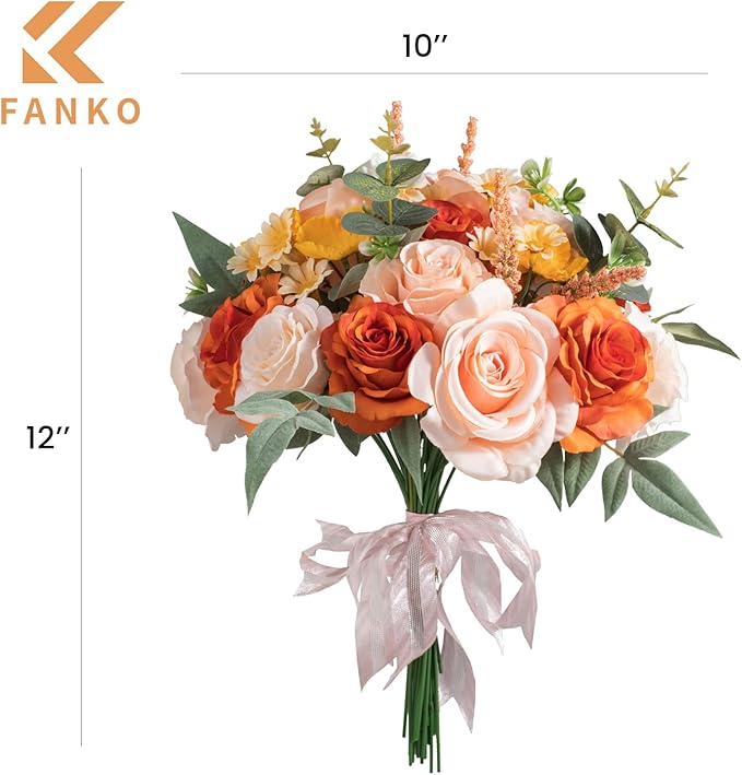FANKO Rose Artificial Flowers Combo for DIY, Fake Orange Rose Artificial Silk Flowers with Greenery, Real Looking Artificial Faux Flowers for Wedding, Table Decoration, Centerpieces, Party, Home Décor