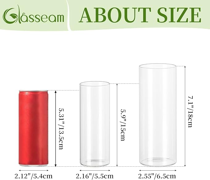 Glasseam Glass Cylinder Vase in Bulk: 12pcs Clear Small Bud Flower Vases for Centerpieces - Modern Hurricane Pillar or Floating Candle Holder for Wedding Party Table Living Room Home Decor, Tall 6"+7"